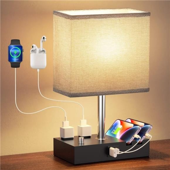 Fully Dimmable Nightstand Lamp for Bedroom with USB C Ports,Grey